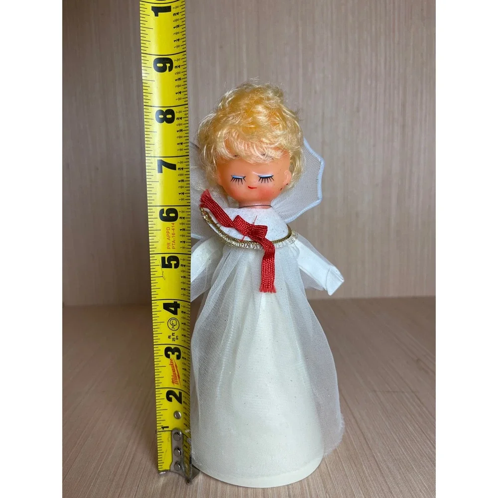 Vintage Blonde Angel Christmas Tree Topper White Mesh Gown Red Ribbon Bow MCM